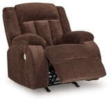 Reclining position of Observation Chocolate Velvet Power Recliner