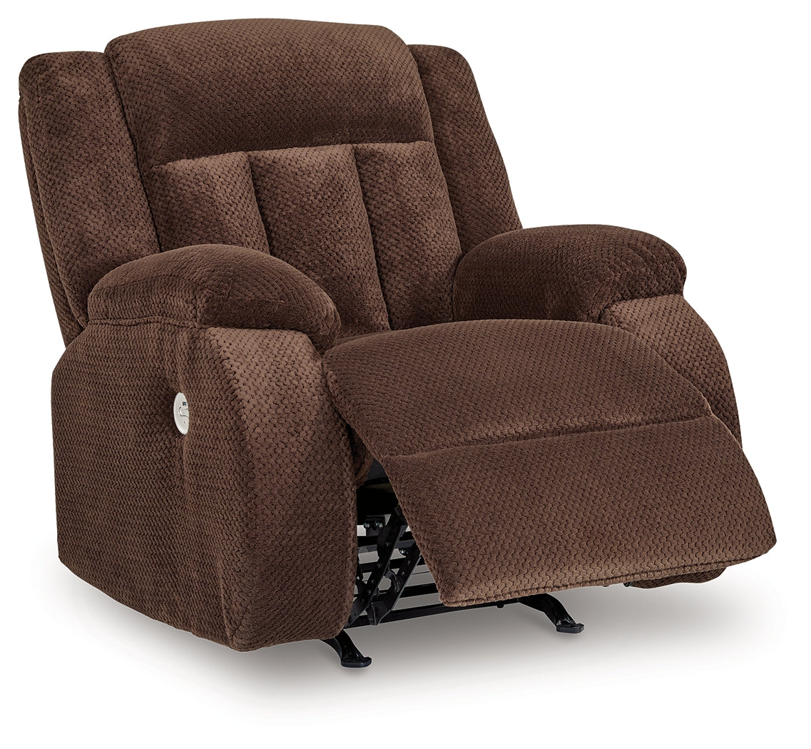 Reclining position of Observation Chocolate Velvet Power Recliner