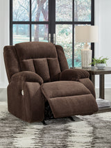 Reclined position of Observation Chocolate Velvet Power Recliner