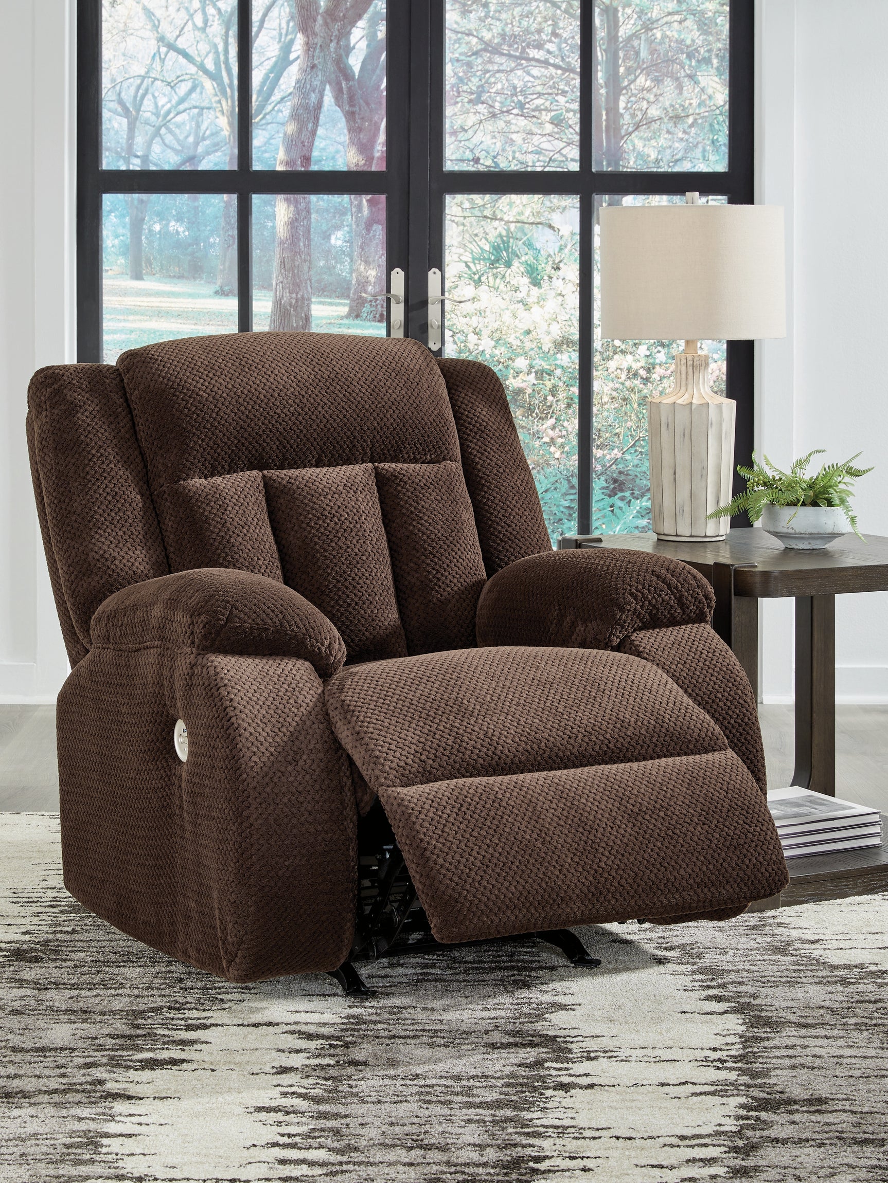 Reclined position of Observation Chocolate Velvet Power Recliner
