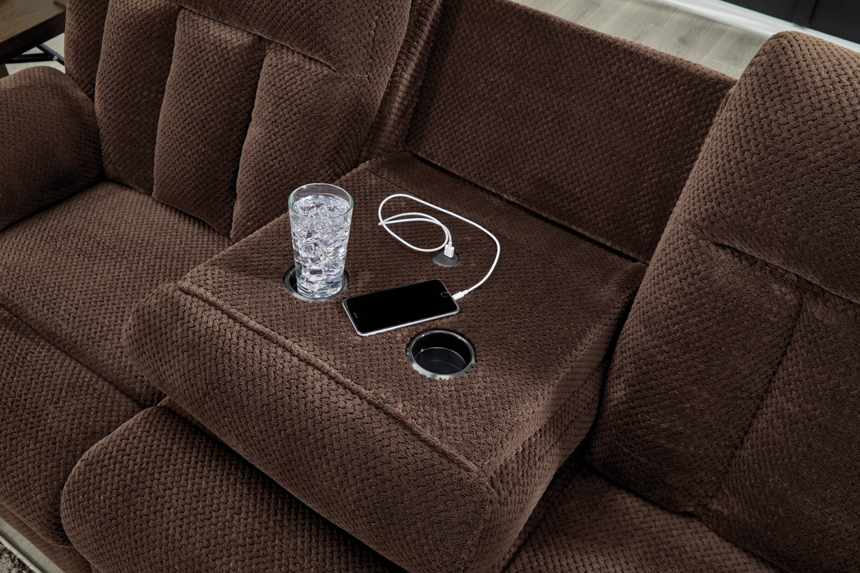 USB charging port detail on Observation sofa