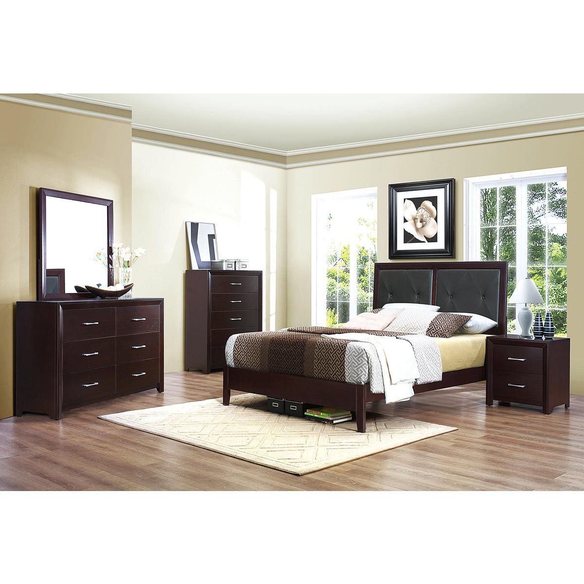 Edina Youth Full Upholstered Panel Bed angled view highlighting tufted headboard and drawers