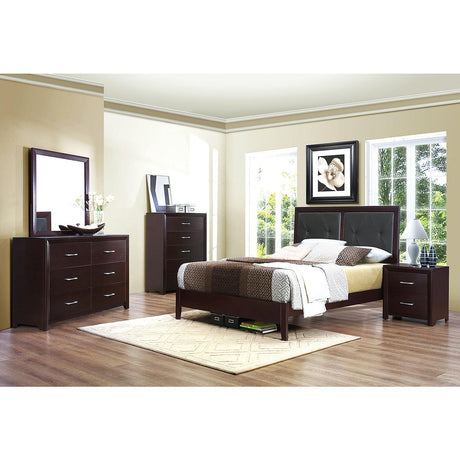 Close-up of tufted faux leather headboard on Edina Espresso Queen Bed