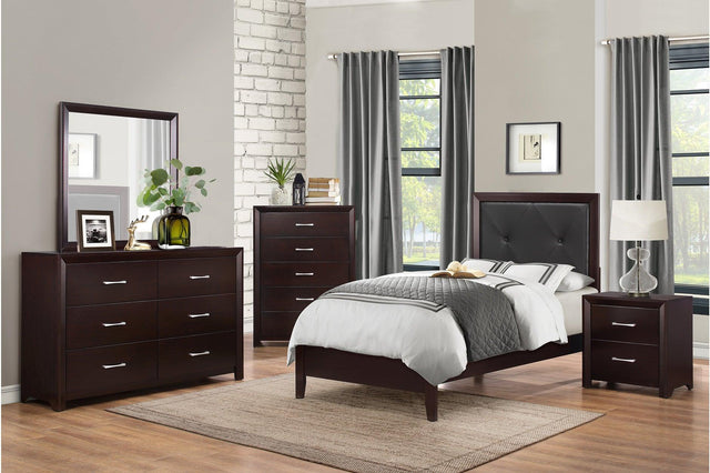 Edina Espresso youth bedroom set angled view showing tufted faux leather headboard