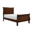 Mayville Brown Cherry Youth Twin Sleigh Bed, side view highlighting curved footboard