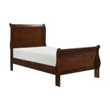 Mayville Brown Cherry Youth Twin Sleigh Bed, side view highlighting curved footboard