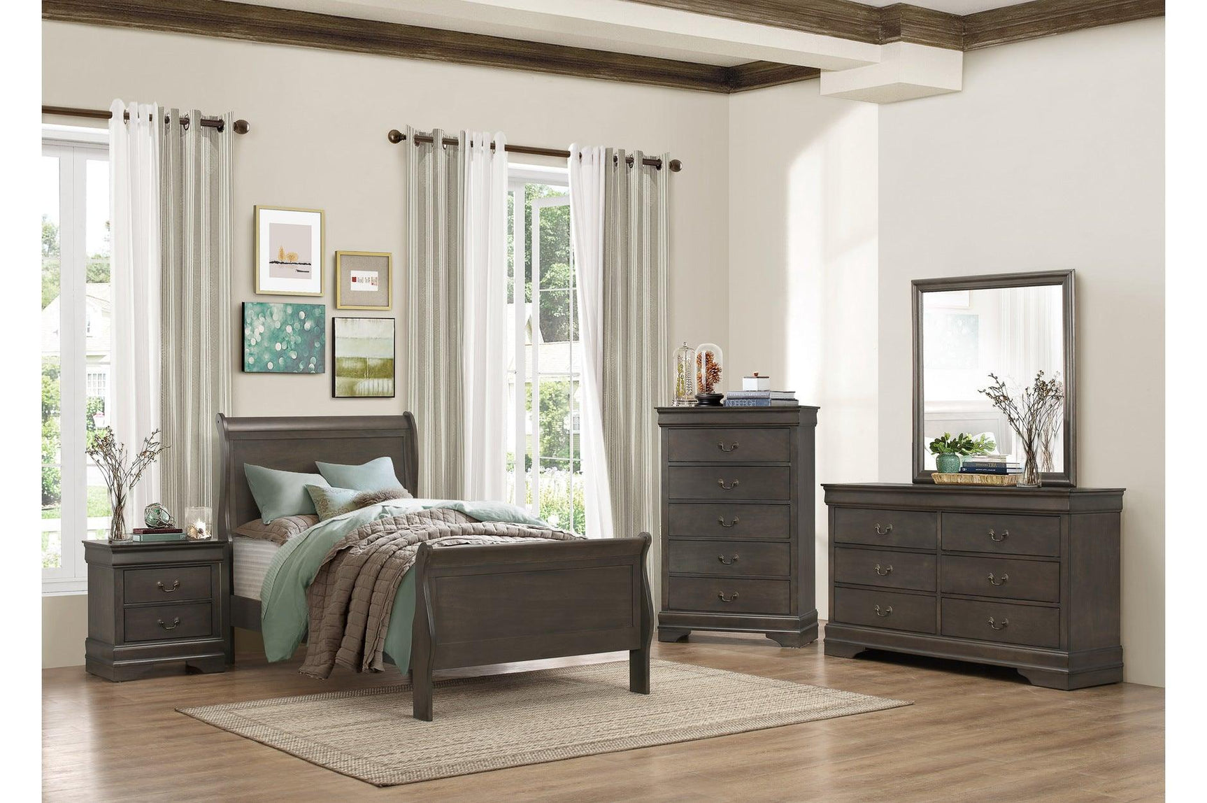 side view of Mayville Stained Gray Sleigh Bedroom Set bed