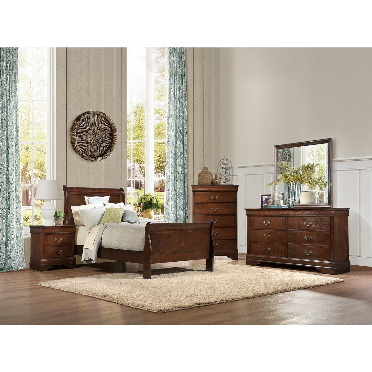 Mayville Brown Cherry Youth Twin Sleigh Bed, headboard detail