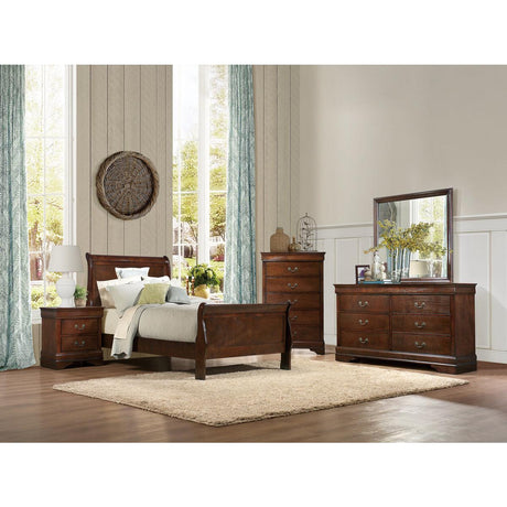 Mayville Brown Cherry Youth Twin Sleigh Bed, headboard detail