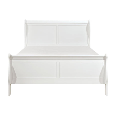 Mayville White Sleigh Queen Bed front view showing curved headboard