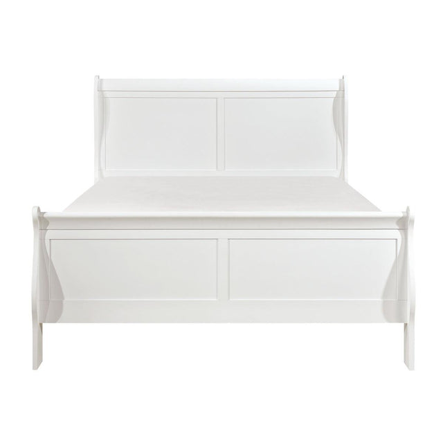 Mayville White Sleigh Queen Bed front view showing curved headboard