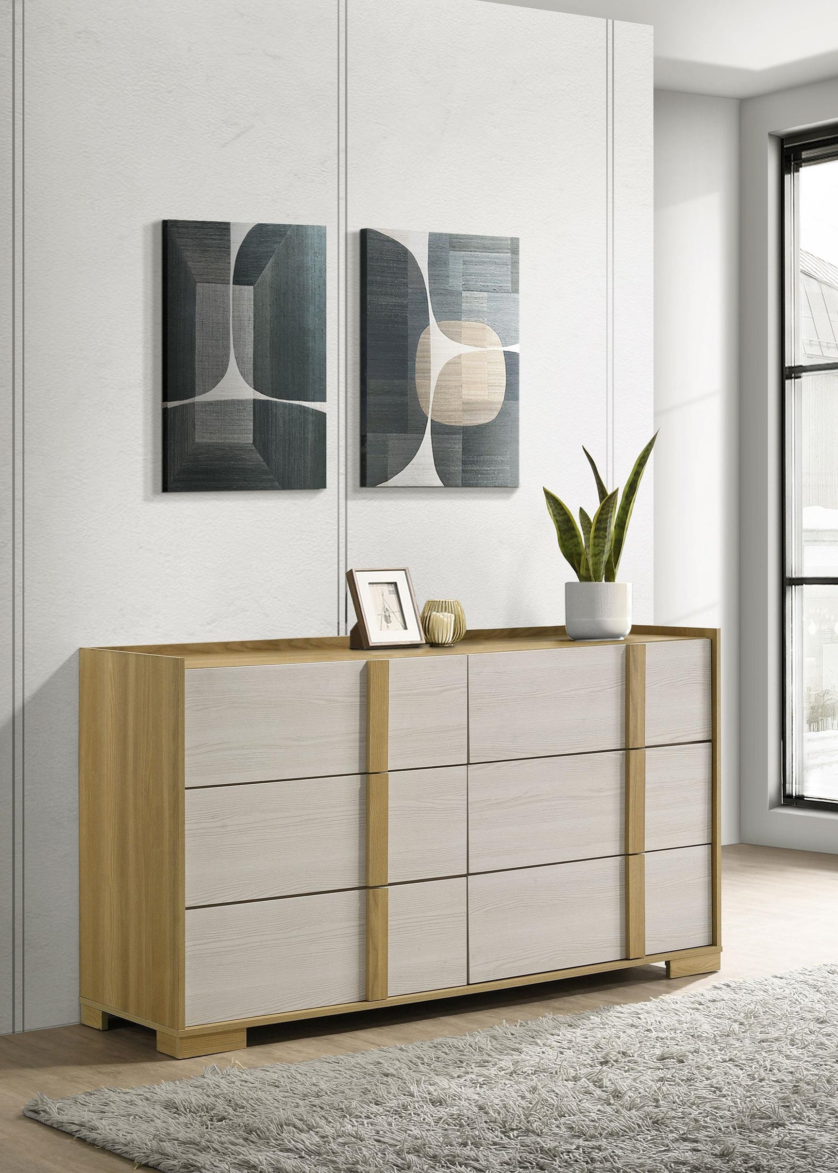 Hyland dresser six drawers open showing storage