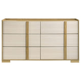 Side angle of Hyland 6-drawer dresser in natural wood and white