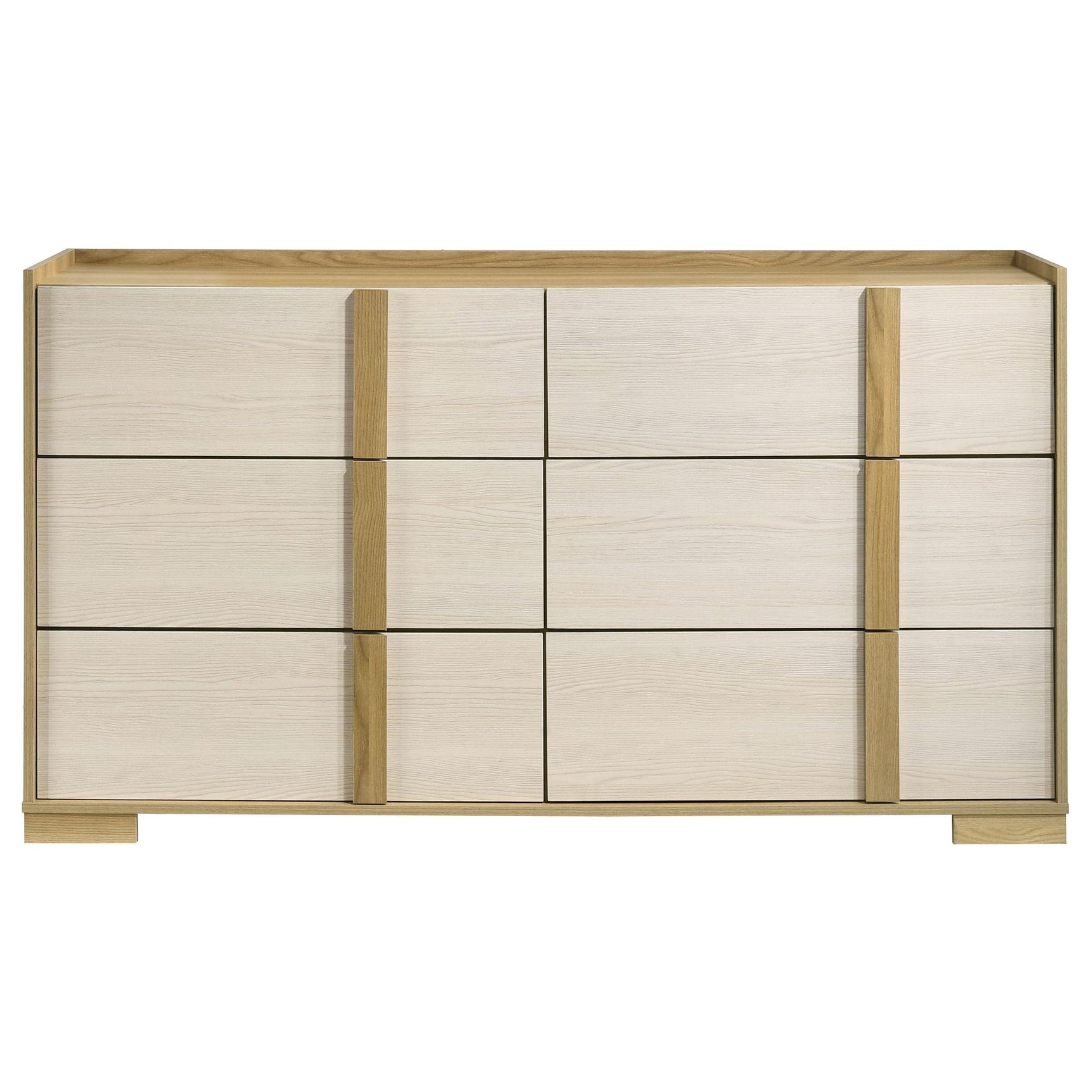 Side angle of Hyland 6-drawer dresser in natural wood and white
