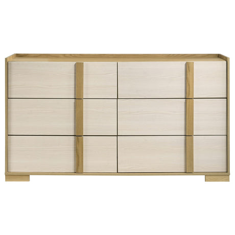 Side angle of Hyland 6-drawer dresser in natural wood and white