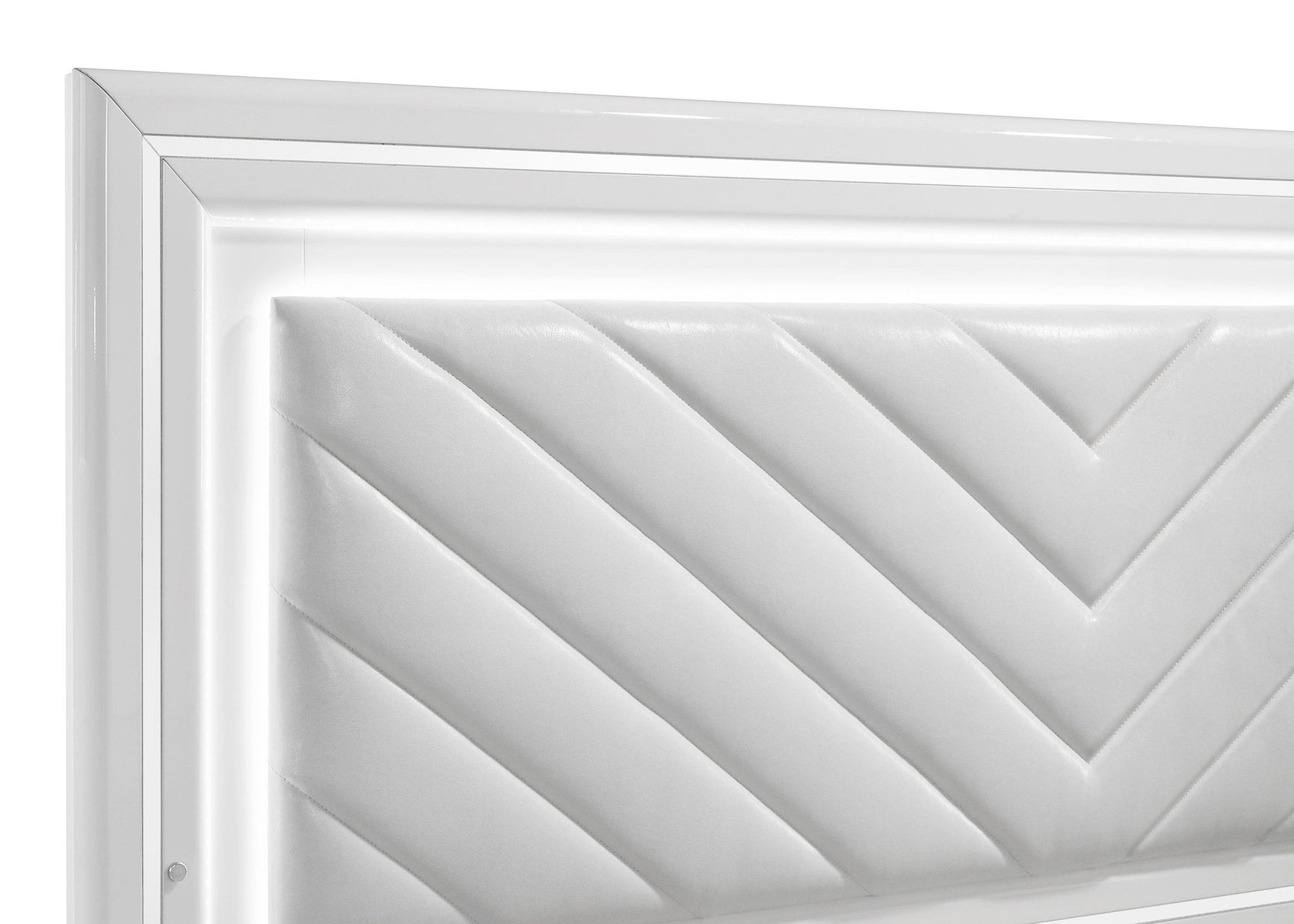 Side profile of white high-gloss bed frame