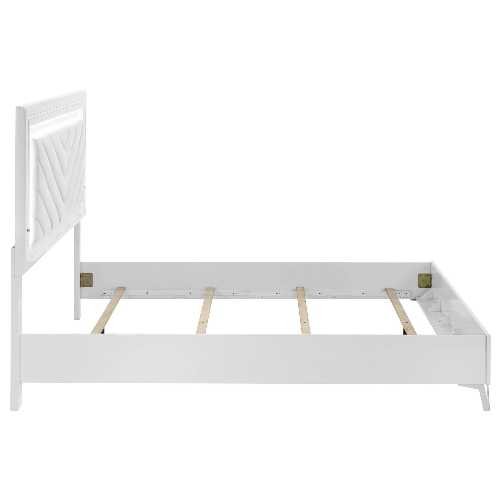 White faux leather panel on Cassia Queen LED bed headboard