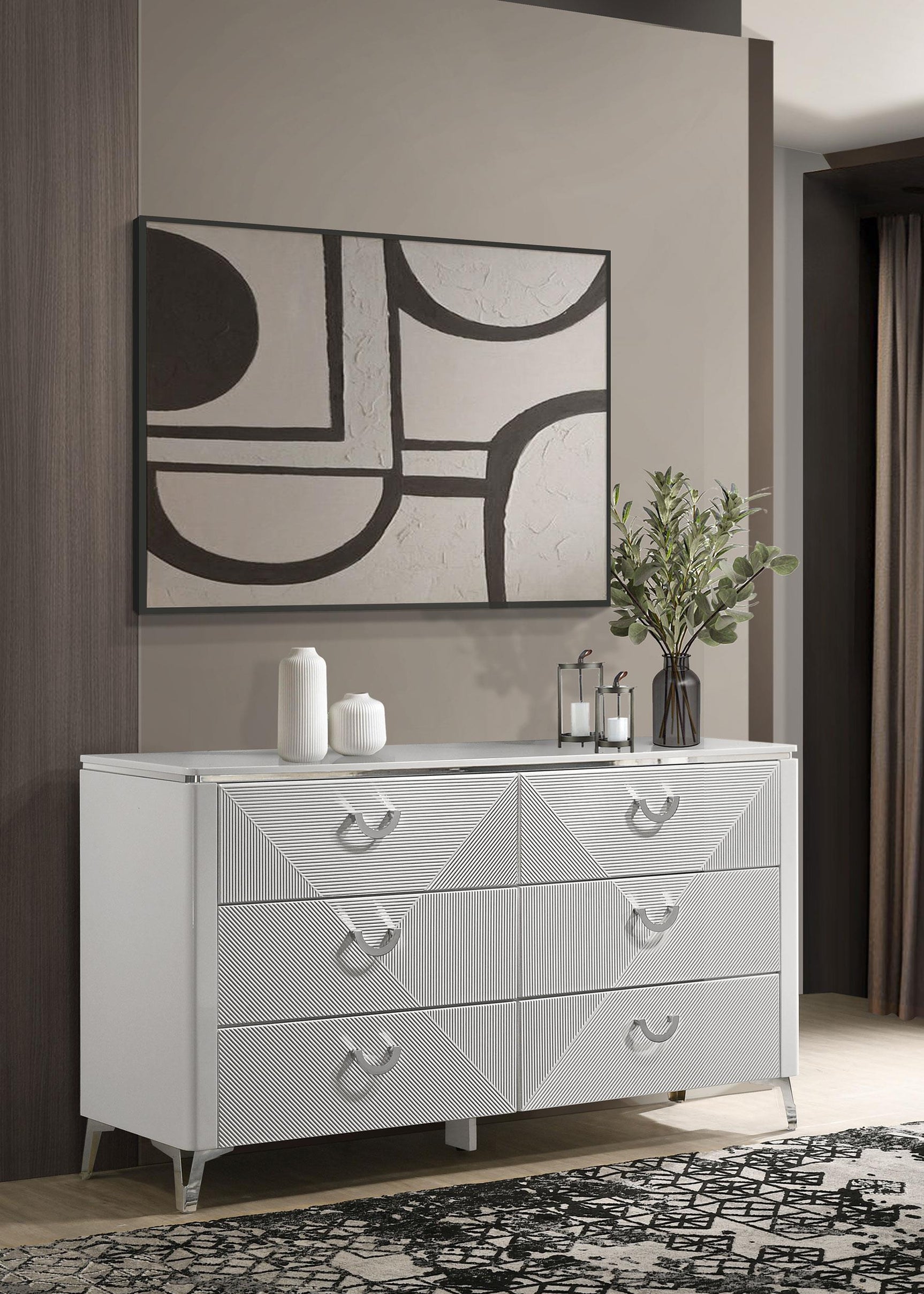 Cassia dresser side angle showing slender legs and chrome pulls