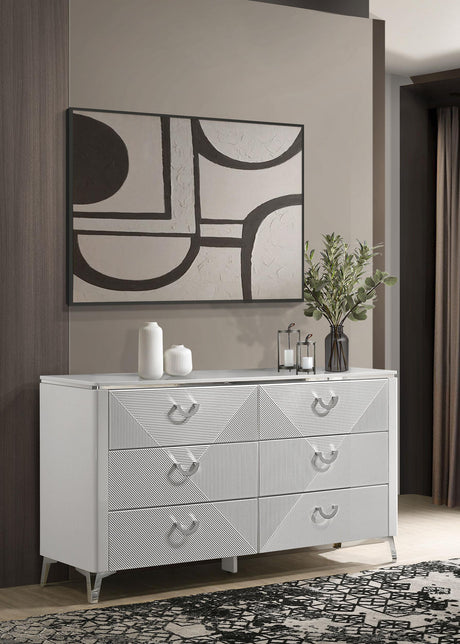 Cassia dresser side angle showing slender legs and chrome pulls