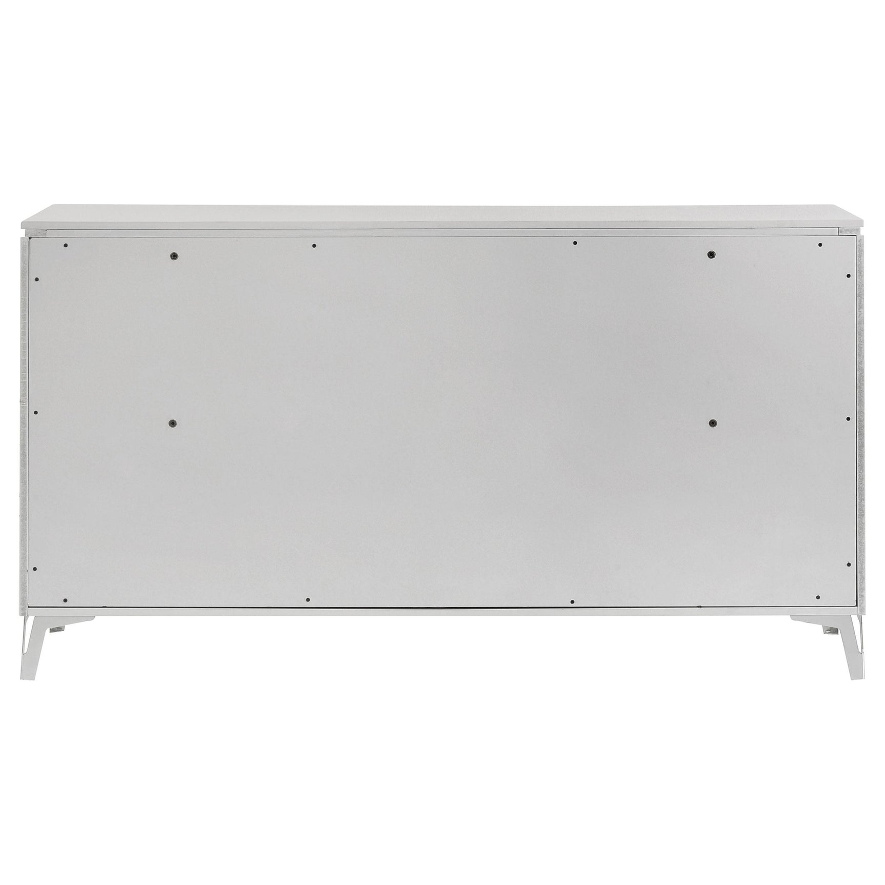 View of dresser polished chrome U-shaped drawer pulls