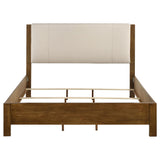 Close-up of cream fabric headboard on Adderley Eastern King Wood Panel Bed
