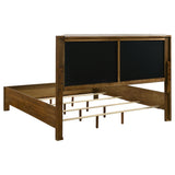 Detailed view of warm brown rubberwood frame and squared corners of bed