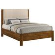 Adderley queen bed close-up of cream fabric headboard