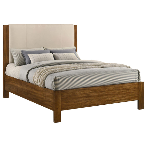 Adderley queen bed close-up of cream fabric headboard