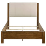 Adderley queen bed side view showing warm brown wood frame