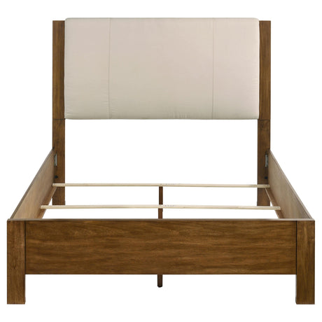 Adderley queen bed side view showing warm brown wood frame