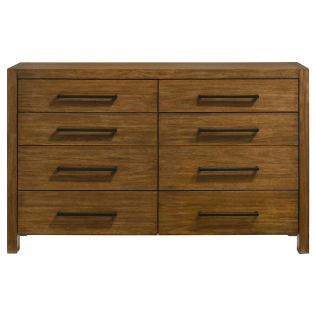 Side view of Adderley warm brown dresser showing drawer detail