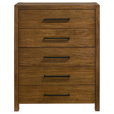 Side view of Adderley 5-drawer chest in warm brown wood finish