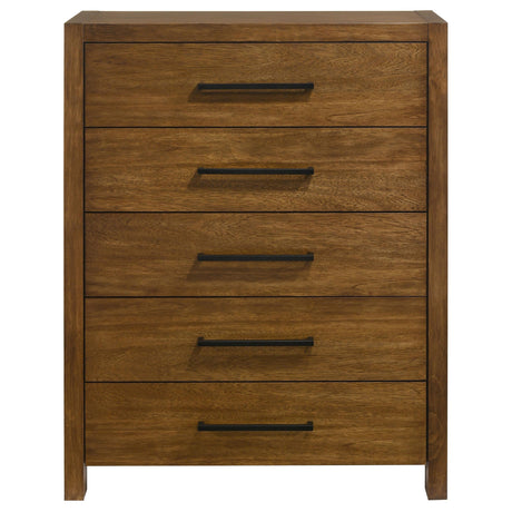 Side view of Adderley 5-drawer chest in warm brown wood finish