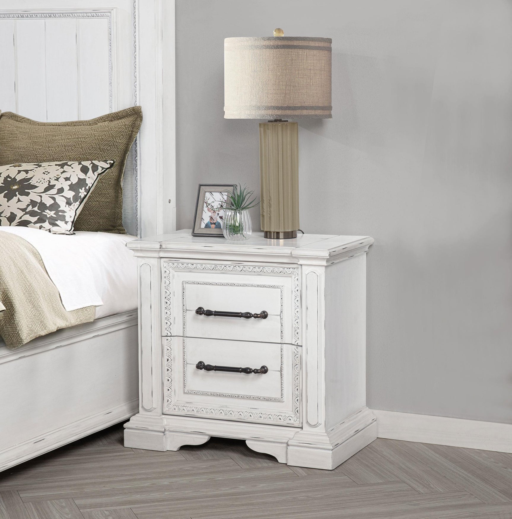 McKinney nightstand drawer detail with antique bronze handle