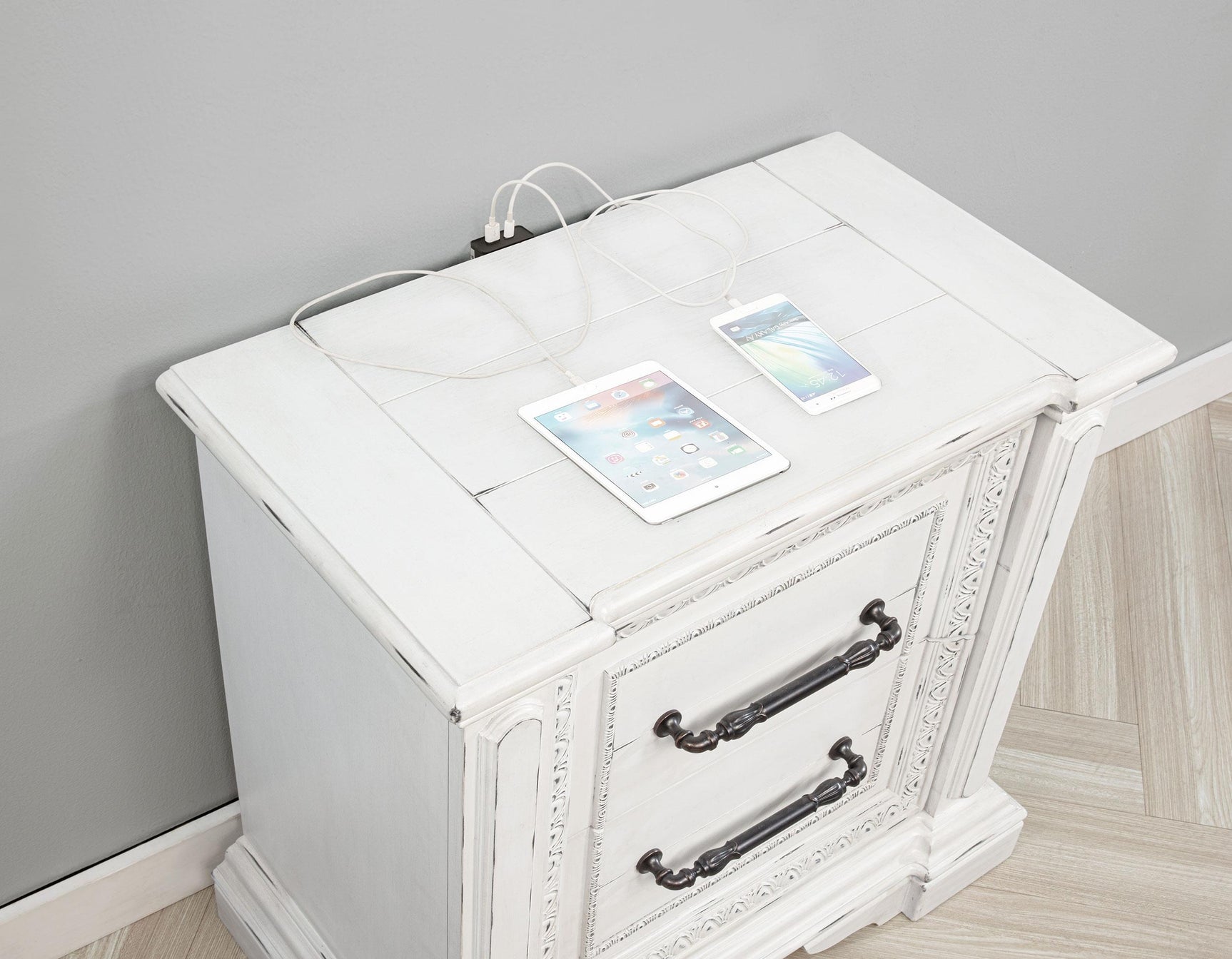 Full nightstand view with lighting highlighting finish
