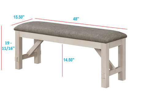Bench detail view of Maribelle Chalk Gray Dining Set
