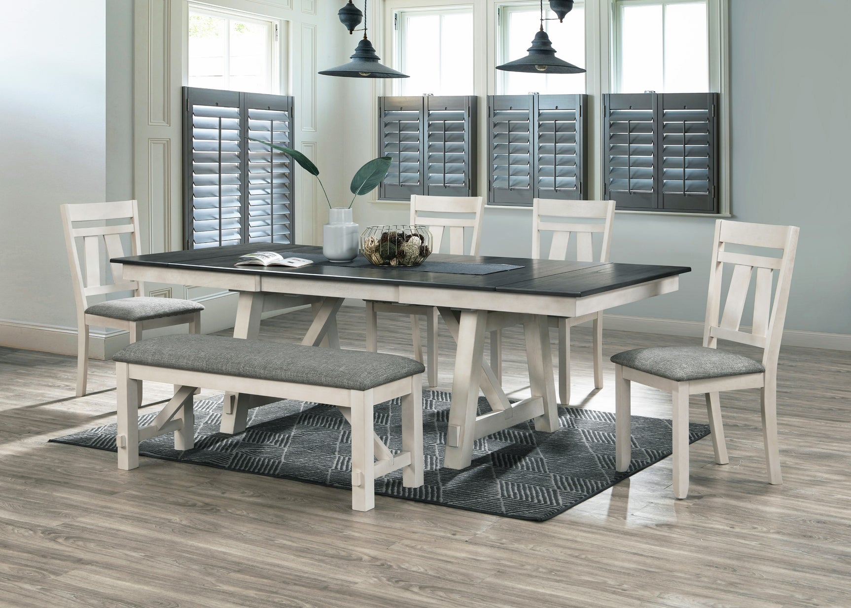 Room view of extendable table with 6 side chairs