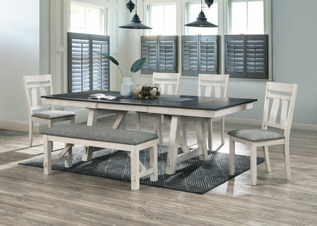 Room view of extendable table with 6 side chairs