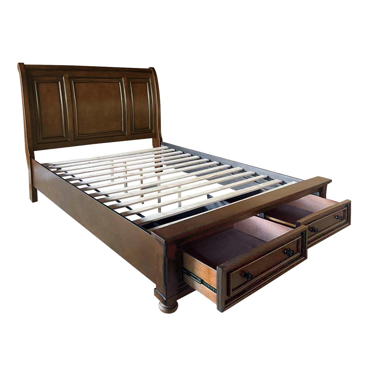 King sleigh bed with open footboard drawers
