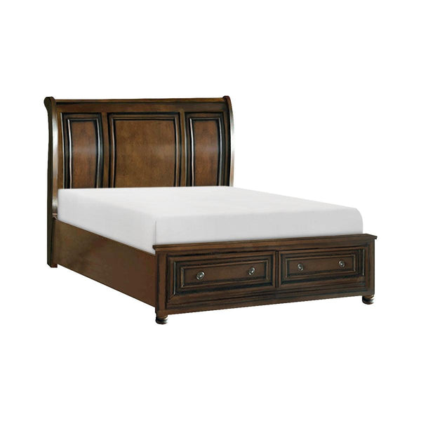 Side angle of Cumberland Brown Cherry Queen Sleigh Platform Bed showing sleigh headboard