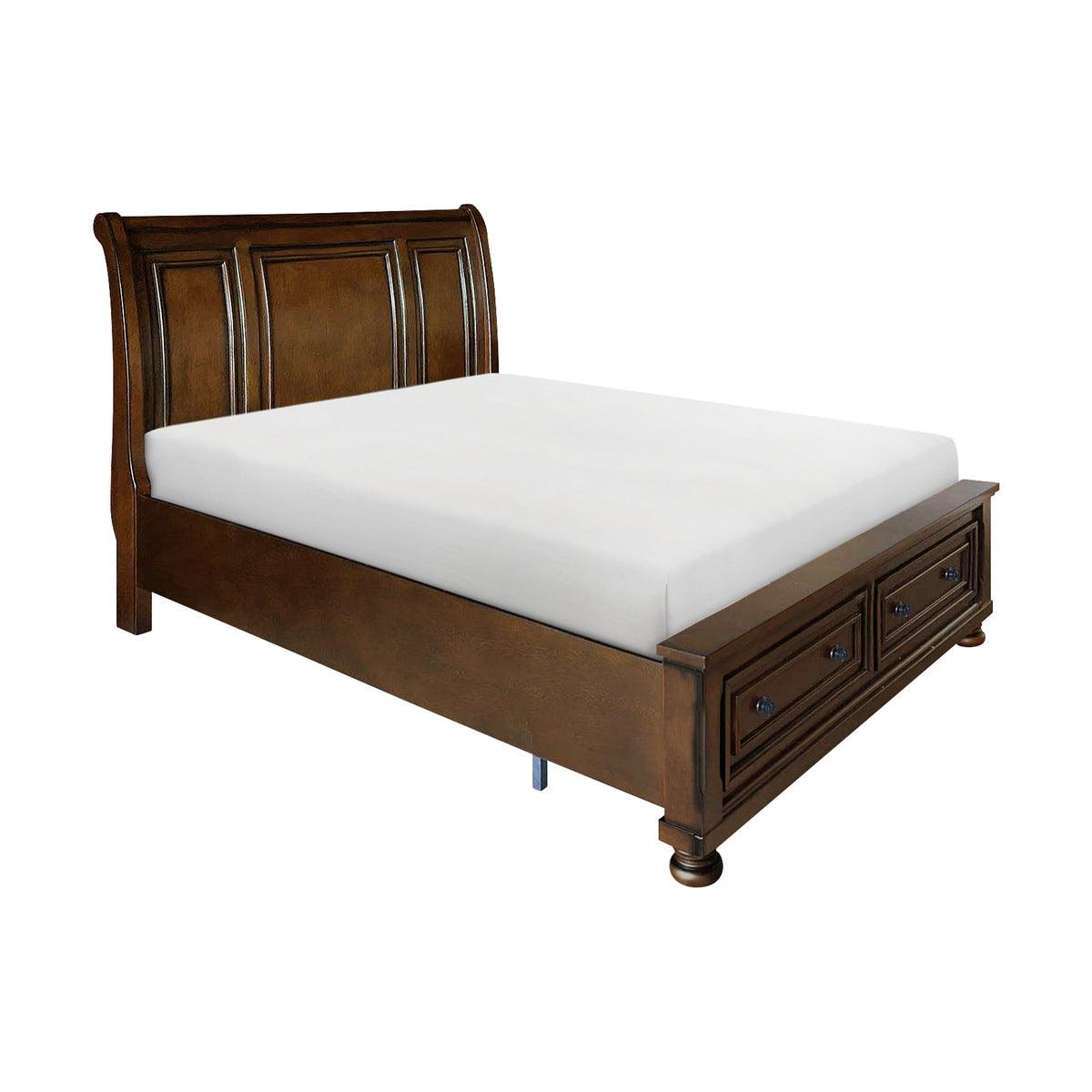 Cooper Sleigh Bed angle view highlighting rich veneer and wood construction