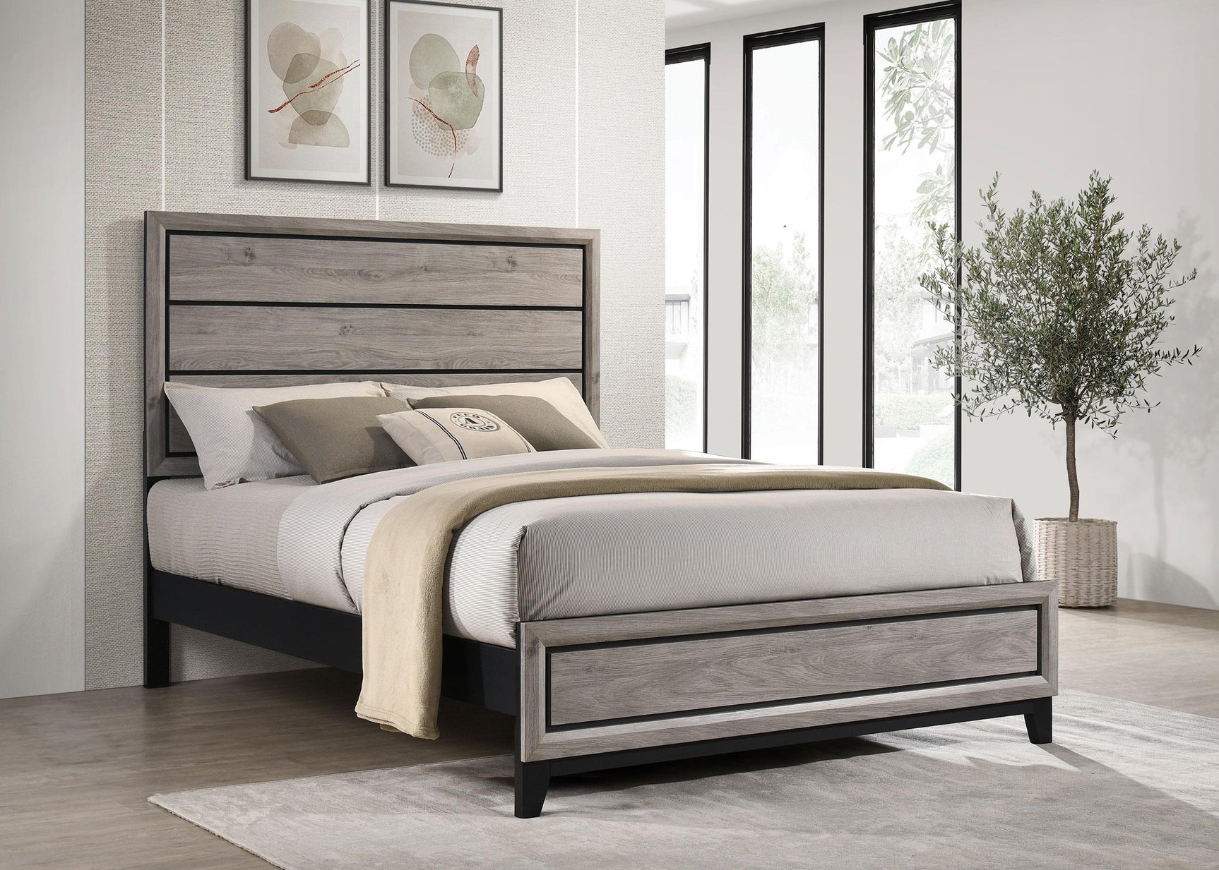 Watson Wood Queen Panel Bed angled view showing headboard grooves