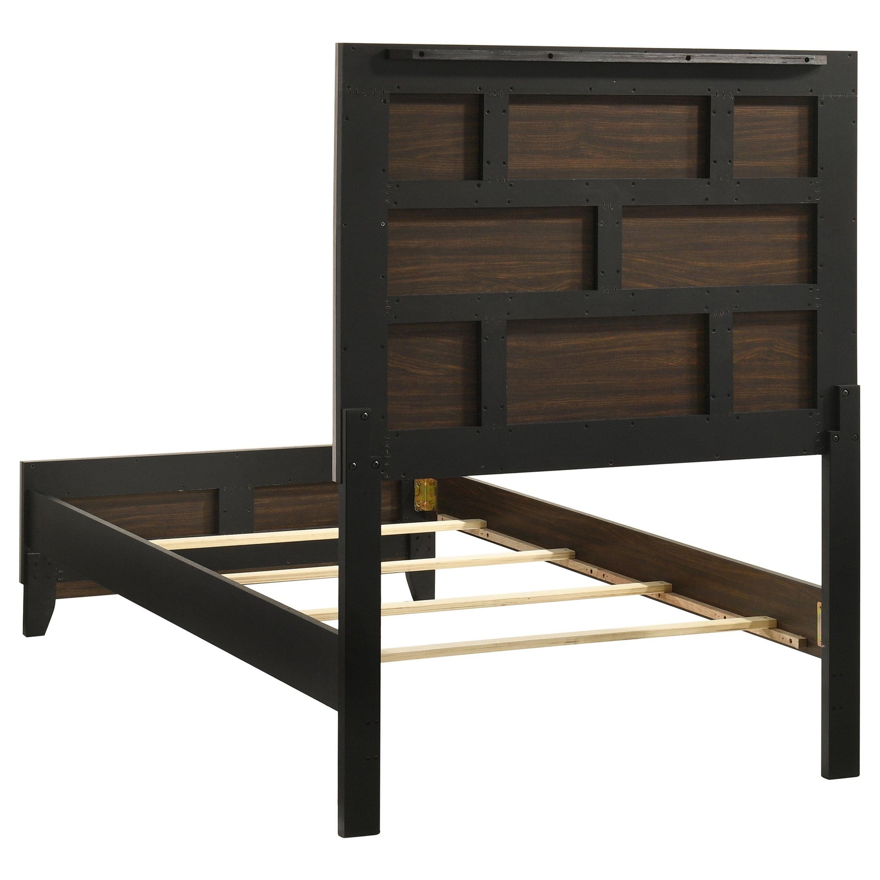 Rubberwood and engineered wood bed frame close-up