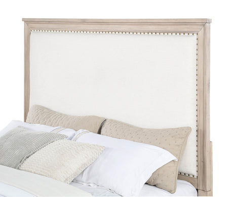 Top angle view of queen upholstered panel bed