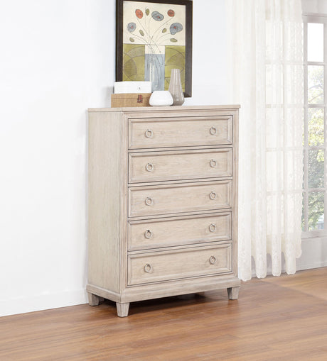 Top drawer and ring-pull hardware detail on Pembroke chest