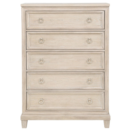 Side view of Pembroke 5-drawer chest in washed oak