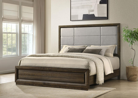 Side angle of Atlas Eastern King Upholstered Panel Bed showing padded headboard
