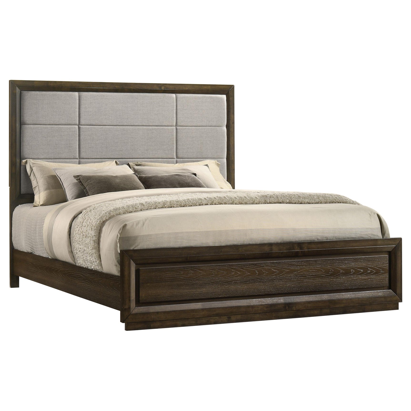 Close-up of grey polyester fabric upholstery on Atlas bed headboard