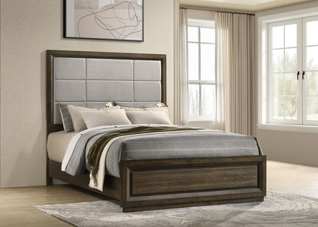 Side angle of Atlas queen upholstered bed showing fabric and wood details