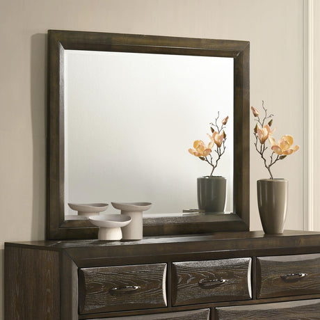 Side angle of Atlas bedroom mirror highlighting dark oak finish